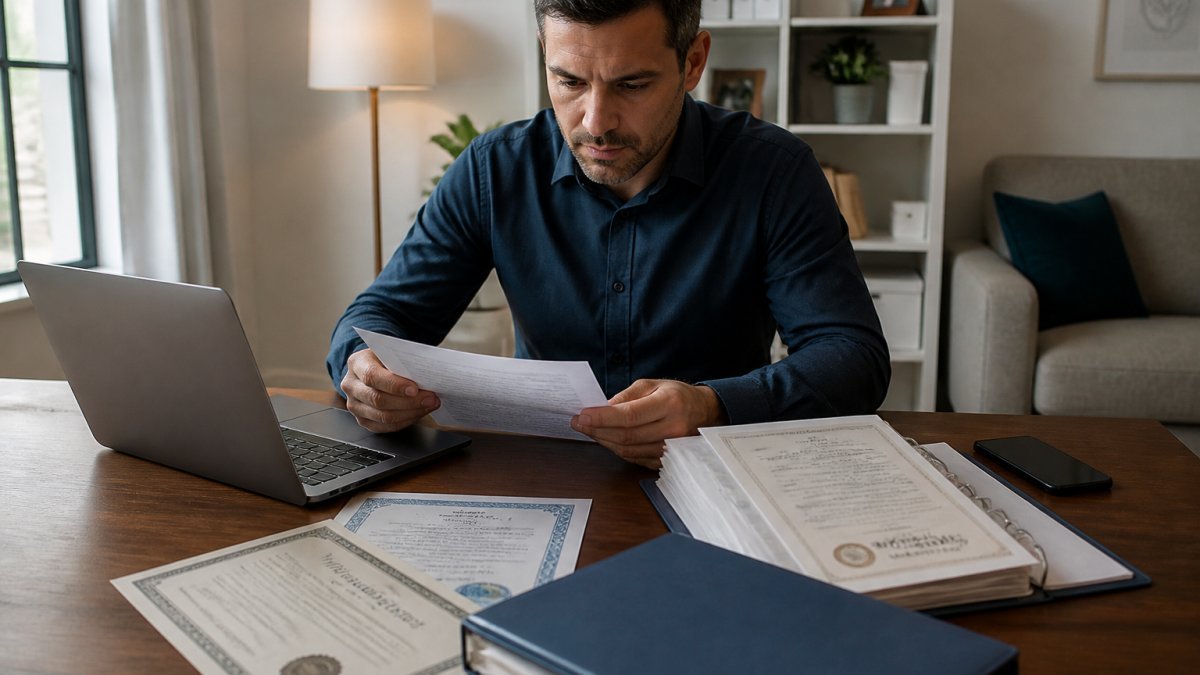 Persona en un escritorio de su casa en Estados Unidos revisando documentos originales junto a una laptop con un formulario digital abierto, con una carpeta de certificados y un teléfono a la vista