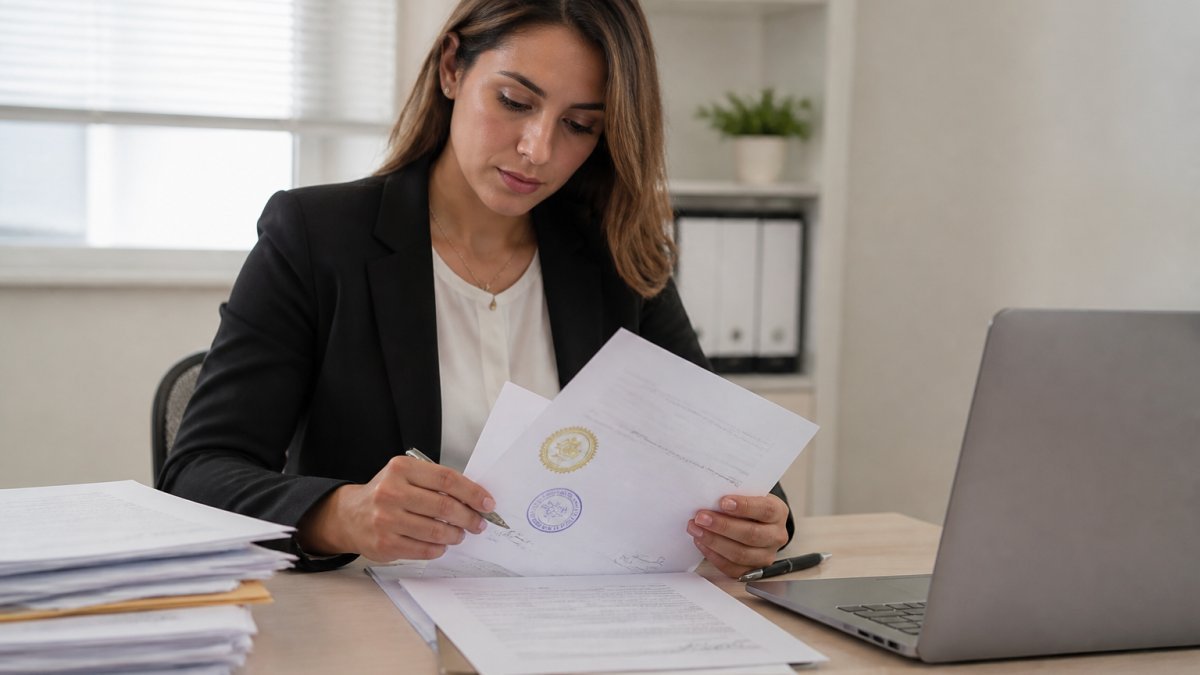 Persona revisando documentos oficiales con sello y firma sobre un escritorio junto a una laptop, en una oficina luminosa, transmitiendo trámite legal serio