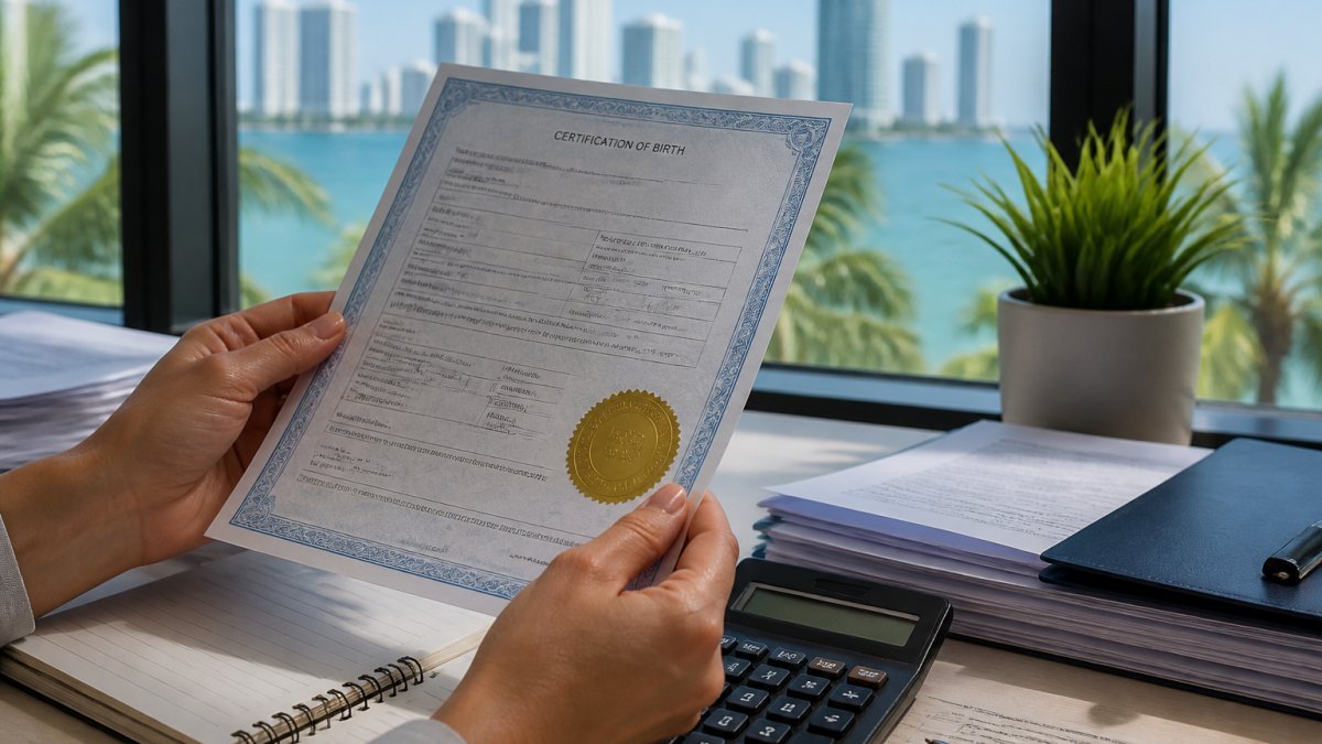 Primer plano de manos sosteniendo un certificado de nacimiento con un sello de apostilla dorado, sobre un escritorio de oficina en Miami con luz natural