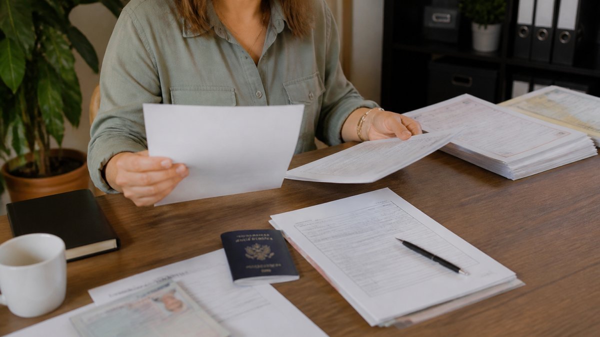 Persona revisando formularios y pasaporte para preparar su traducción certificada en una oficina iluminada